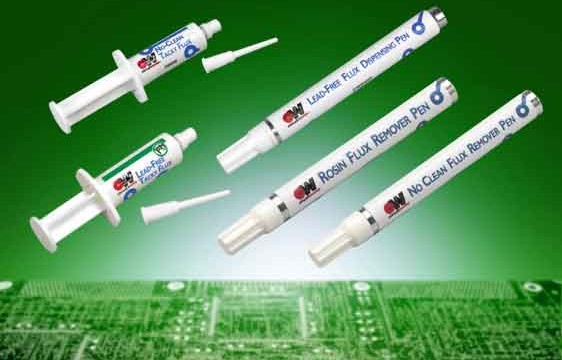 Flux dispensing pens/syringes and flux removal pens from Intertronics