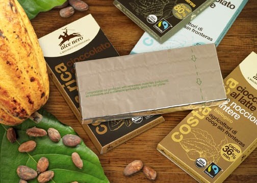 CHOCOLATE WRAPPED IN COMPOSTABLE PACKAGING FILM