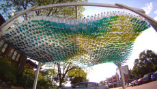 Colorful parking canopy made from recycled plastic bottles